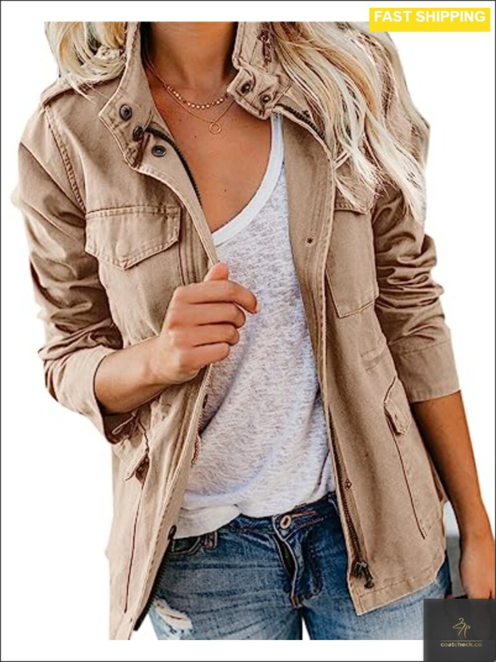 Women Military Anorak Jacket Cotton Drawstring Waist Zip Snap Utility Coat
